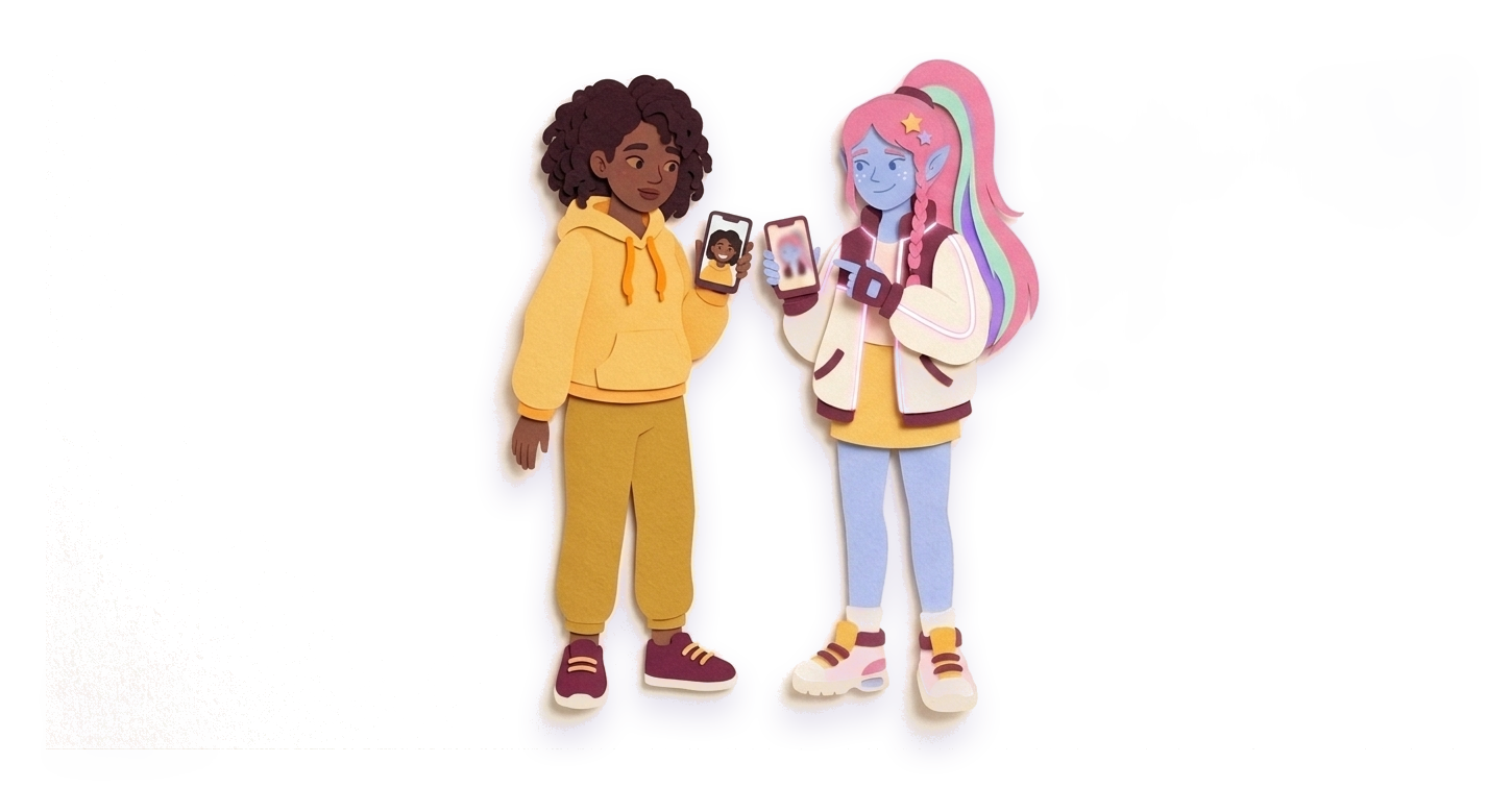 Vivi and Pika stand side by side holding their phones up to compare: the same video looks sharp on Vivi’s screen and blurry on Pika’s.
