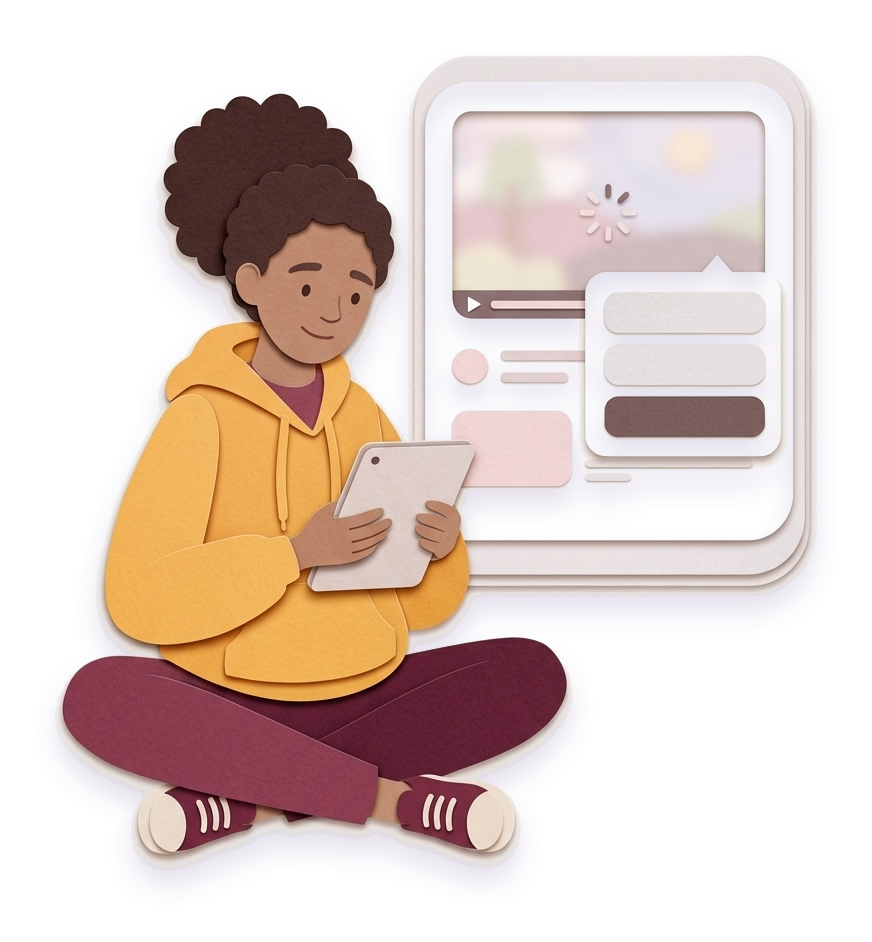 Vivi sits cross-legged with a tablet, waiting calmly; a zoomed-in panel shows a blurry video with a loading circle and a quality menu where only the lowest option is ready.