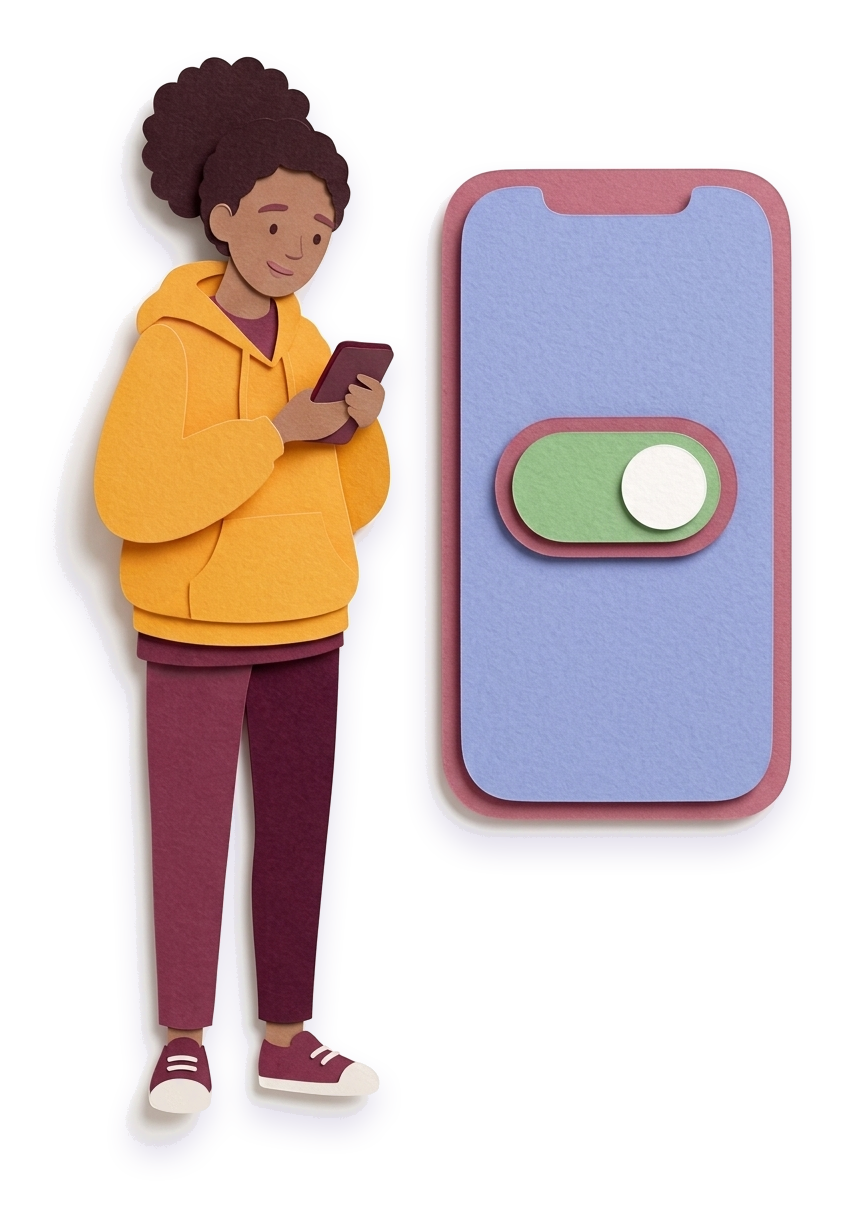 Vivi holds a small phone while a zoomed-in panel beside her shows a phone screen with a switch turned on.